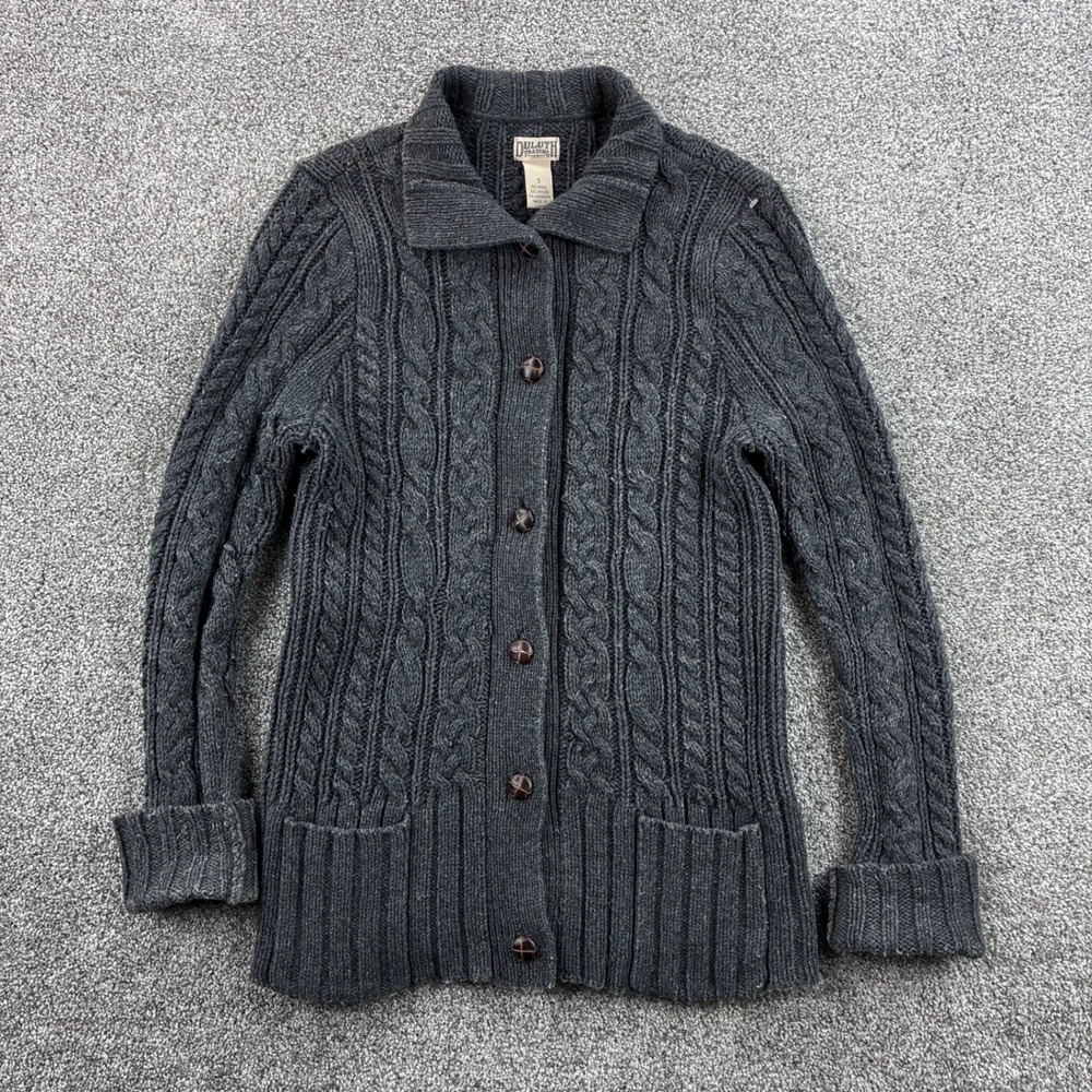 Duluth Trading Fisherman Cardigan Women's S Gray‎ Wool Cable Knit Sweater 29700